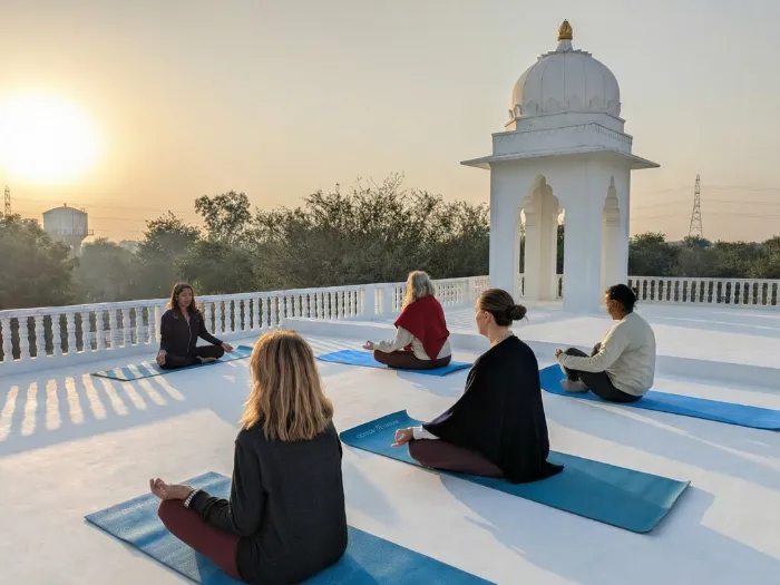 People doing yoga on rooftop with an Yoga Instructor